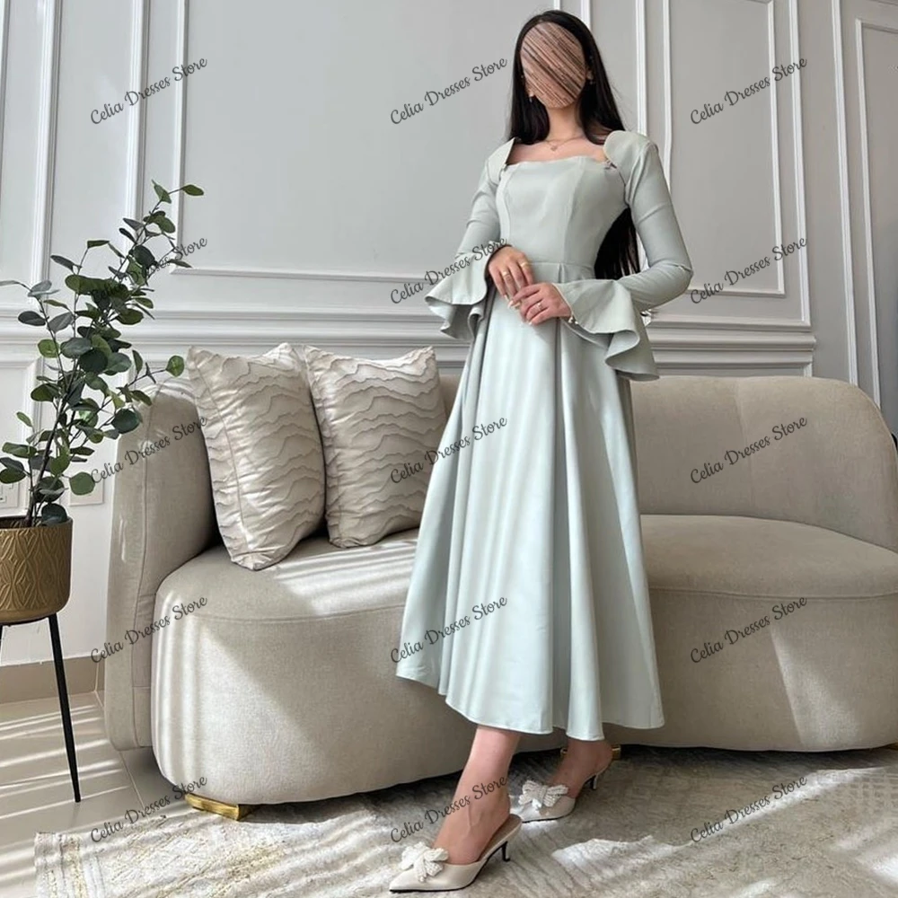 Evening Dress Satin Tea Length Formal Occasion Gowns Long Flare Sleeves Tea Length Prom Dress High Quality Party Dresses