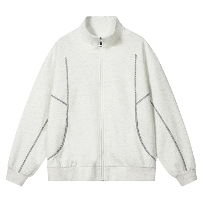 Unisex Stand Collar Full Zip Sweatshirt Jacket, Sporty Color Block Contrast Line, Versatile Loose Fit Couple Casual Tops