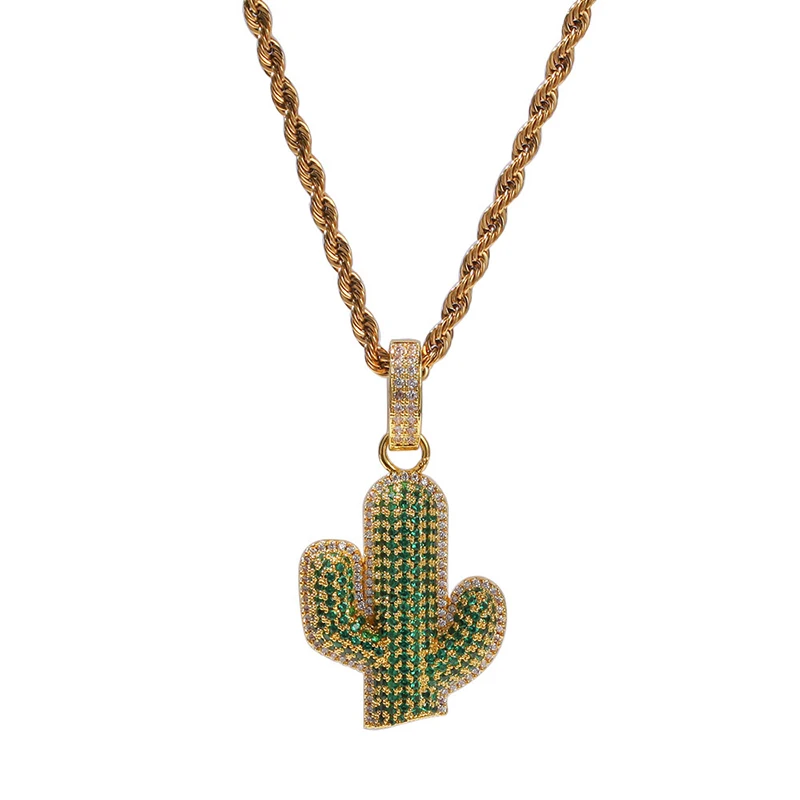 

Hip Hop Bling Lced Out Solid Cactus Pendant Chaoliu Fashion Necklace For Men Rapper Jewelry Gold Silver Color