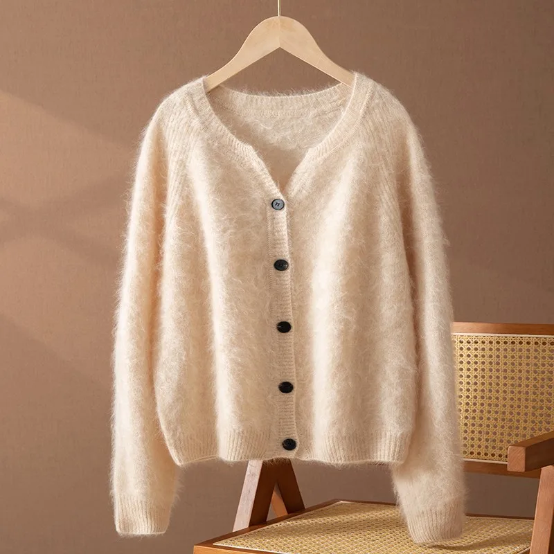 Women's Round Neck 100% Goat Cashmere Cardigan AutumnWinter Luxurious Thick Jacket Long Sleeved Solid Color Basic Cashmere Top