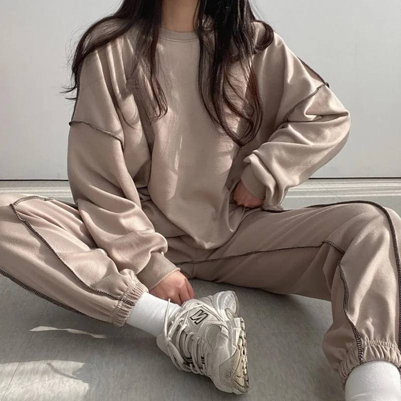 

VIPOL Women Cotton Sweatshirt Suit Loose Sets 2023 Female Loose Sweatshirt + Joggers Pants Suits Conjuntos De Pantalón Pant Sets