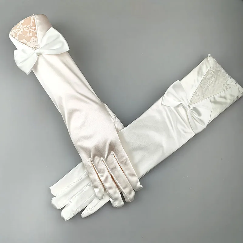 Guantes largos de encaje con lazo hueco de flor negra para mujer, Cosplay, Bola de maquillaje, etiqueta de cena, satén fino, Mangas de protección solar de verano, Sexy