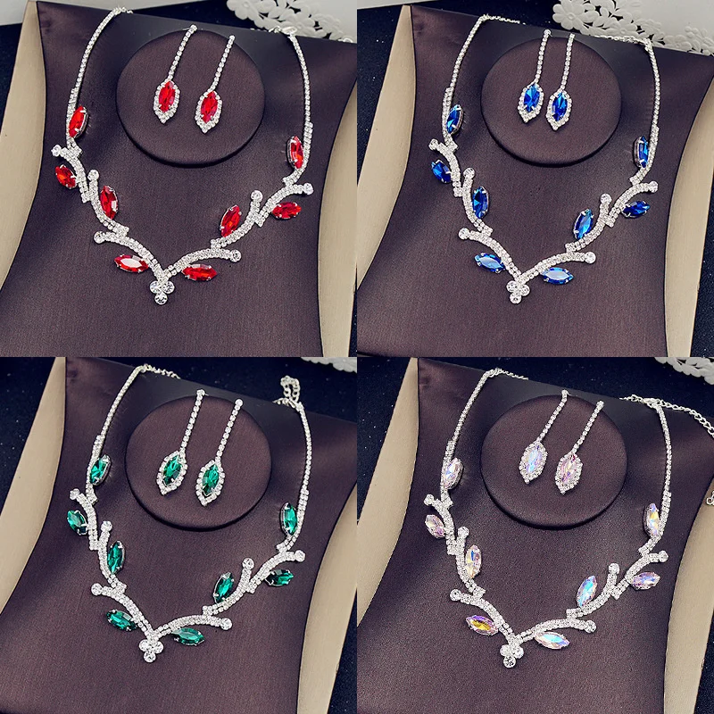 FYUAN Geometric Rhinestone Necklace Earrings Women Pink Red Blue Green Crystal Earrings for Wedding Bride Jewelry Sets