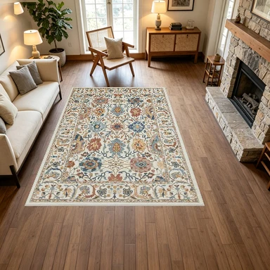 Vintage Bohemian Floral Carpet Flooring Ornate Border Printed Area Rug for Living Room Bedroom House Decor