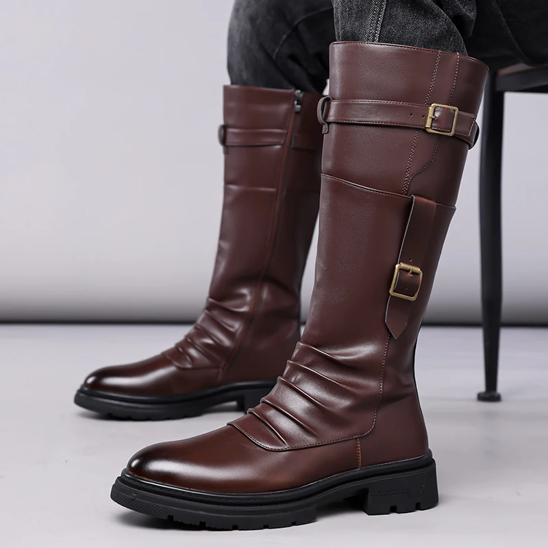 

men casual party nightclub high boots black brown genuine leather shoes designer cowboy high boot handsome motorcycle botas male