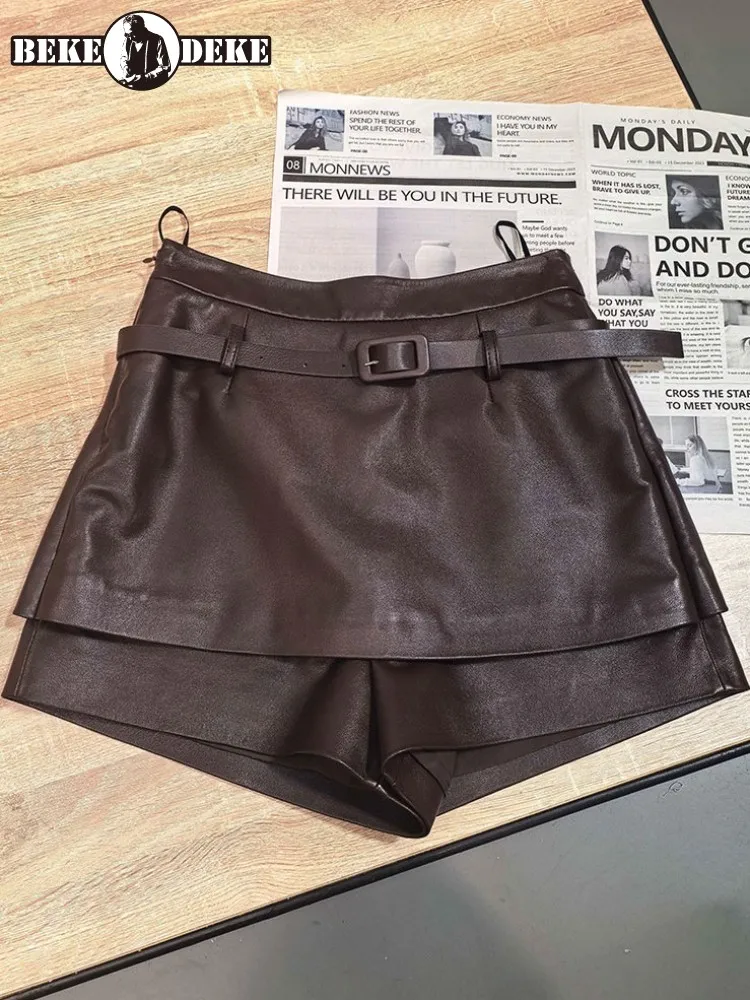 Top Quality Ladies Solid Color High Waist Genuine Leather Shorts Sweet Style Slim Sheepskin Sashes Buckle Short Trousers