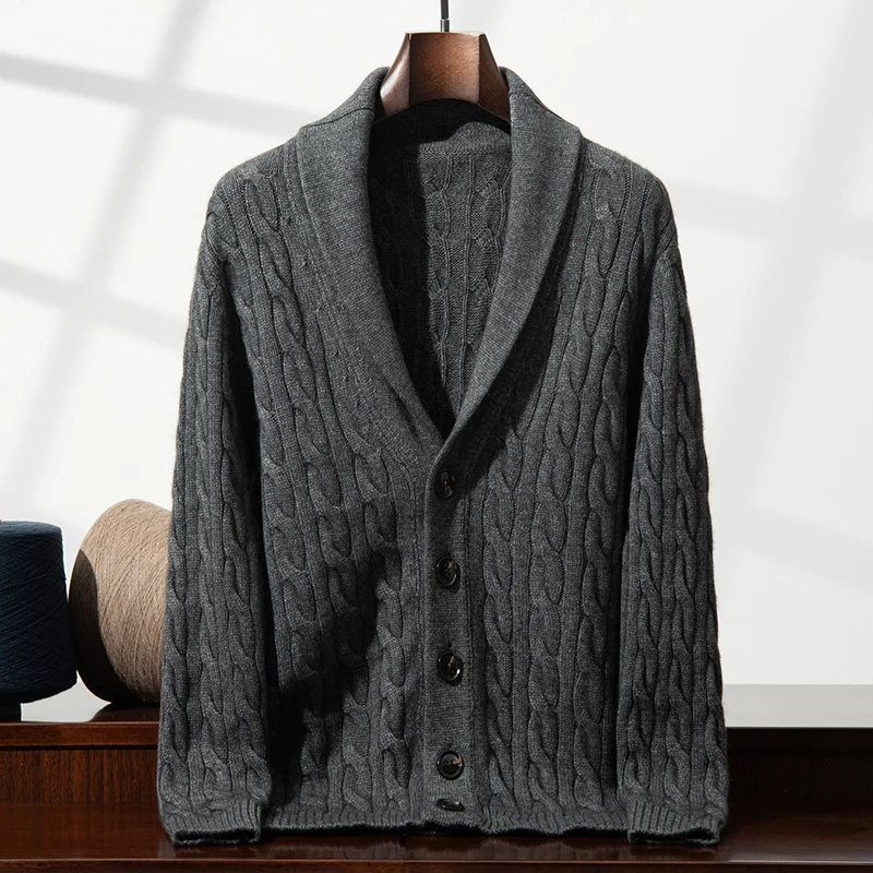 Three-Ply Thickened 100% Cashmere Men's Cardigan Green Fruit Collar Fashionable Coat Casual Twisted Sweater Knitted Shirt