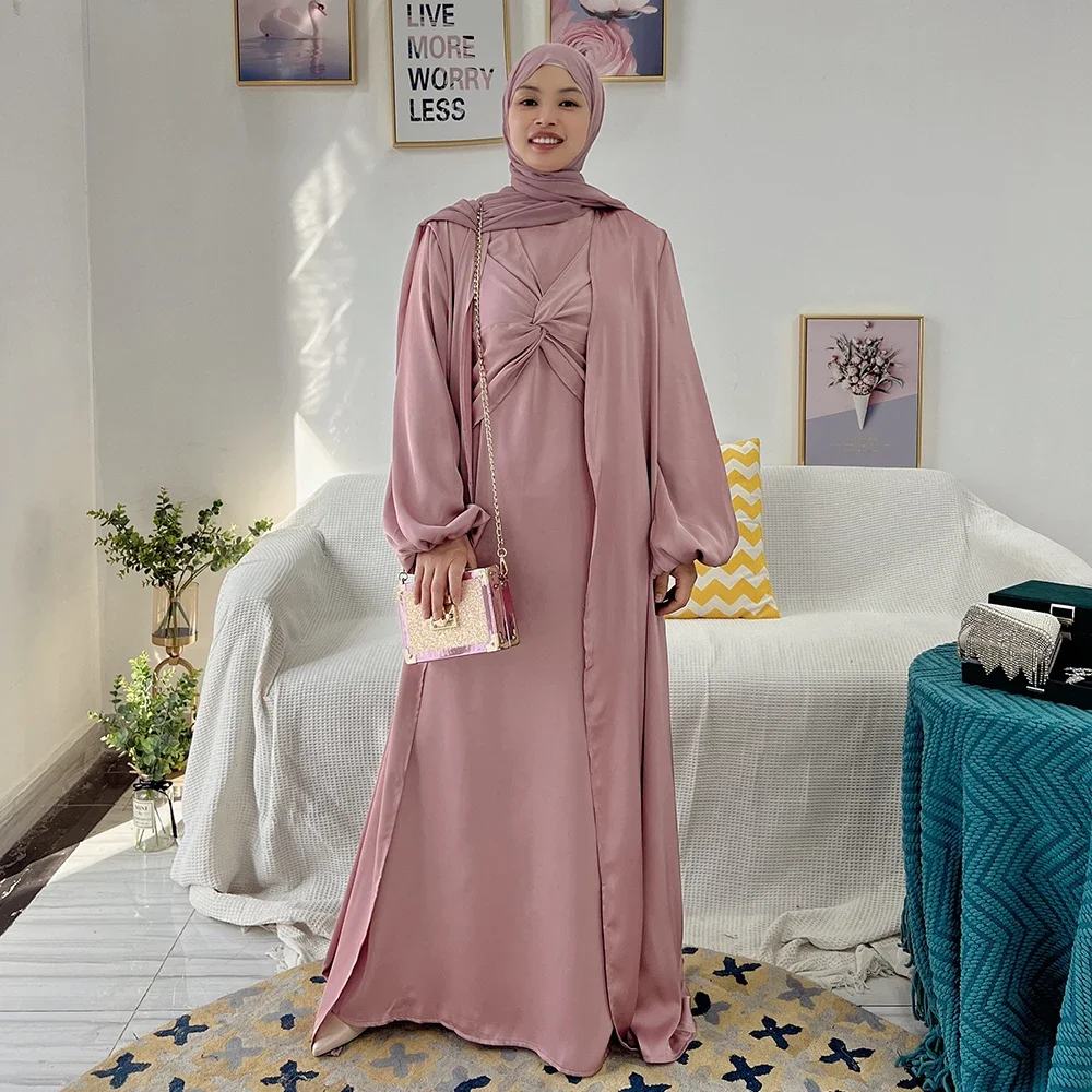 Eid 2 Piece Abaya Matching Muslim Sets Hijab Dress Open Abayas for Women Dubai Turkey Long Sleeve Inner Dresses African Islam