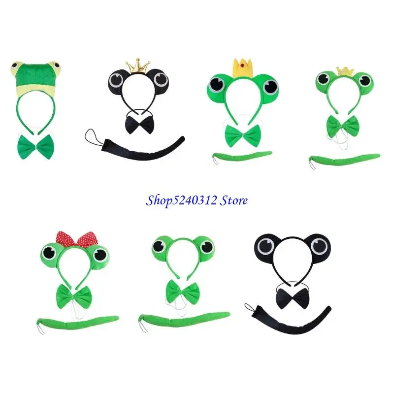 

634C Frogs Costume Accessories Set Frogs Ears Headband Tail Bowtie Animal Fancy Dress Costume for Halloween Cosplay Party