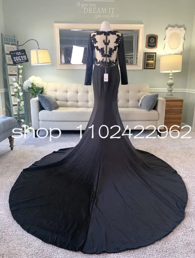 Crepe Stain Black Mermaid Wedding Dresses Long Sleeve Applique Lace Buttons Back Gothic Outdoor Bridal Gown Outfit Customsized