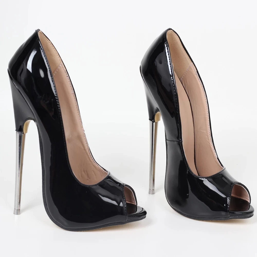 Women Solid Black PU Patent Leather Single Shoes Peep-Toe 18CM Super High Heels Stiletto Sexy Fetish Pumps Custom Colors