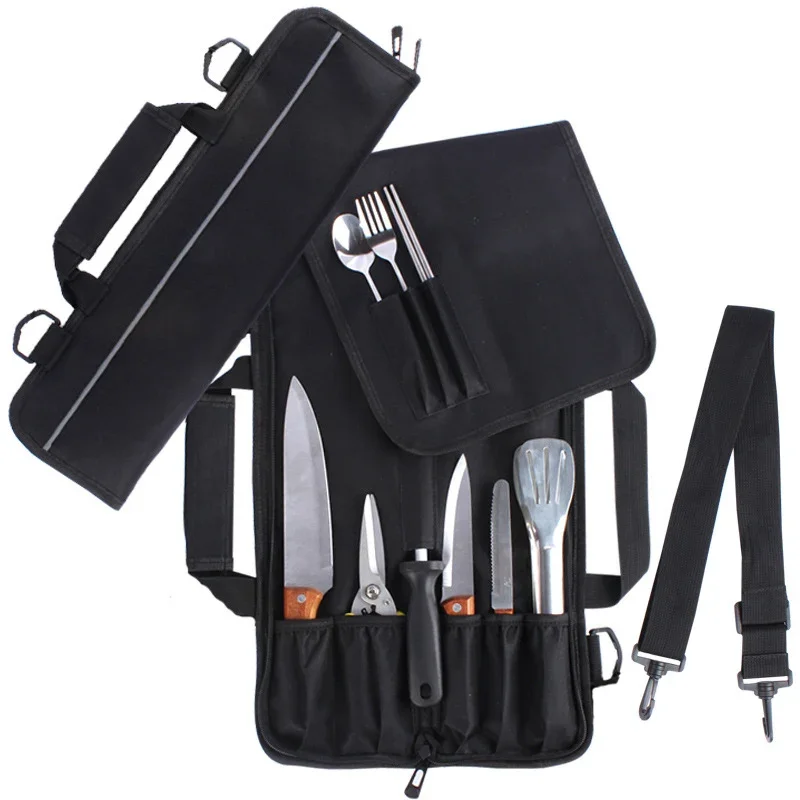 Portable Chef Knife Bag Roll Up Black Professional Cooking Student Picnic Kitchen Knives Storage Pockets Carry Case Accessories