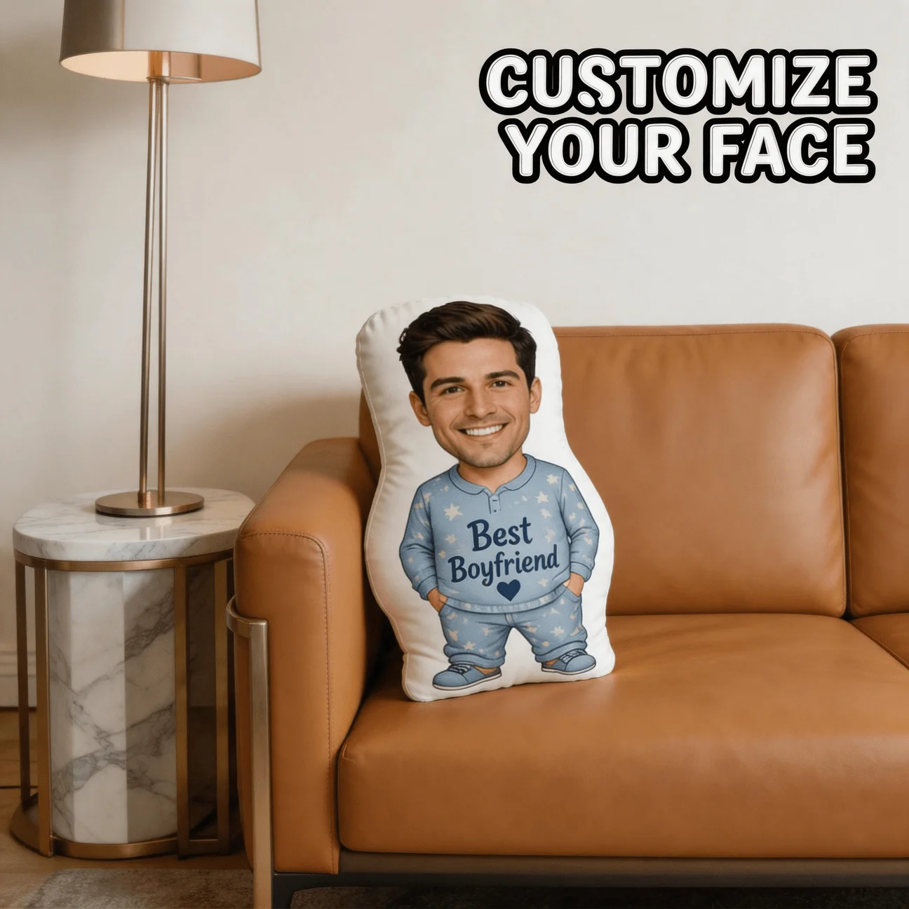 Custom Personalized Photo Face Pillow, Funny Smiling Man in Blue Pajamas Custom Shaped Decorative Cushion, Novelty Gift for Boyf
