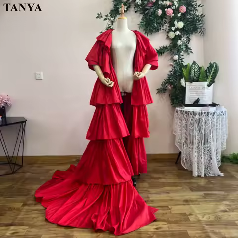 Red Evening Dress Cape Short Sleeves Tiered Ruched Taffeta Long Bolero Formal Lady Dress Coat