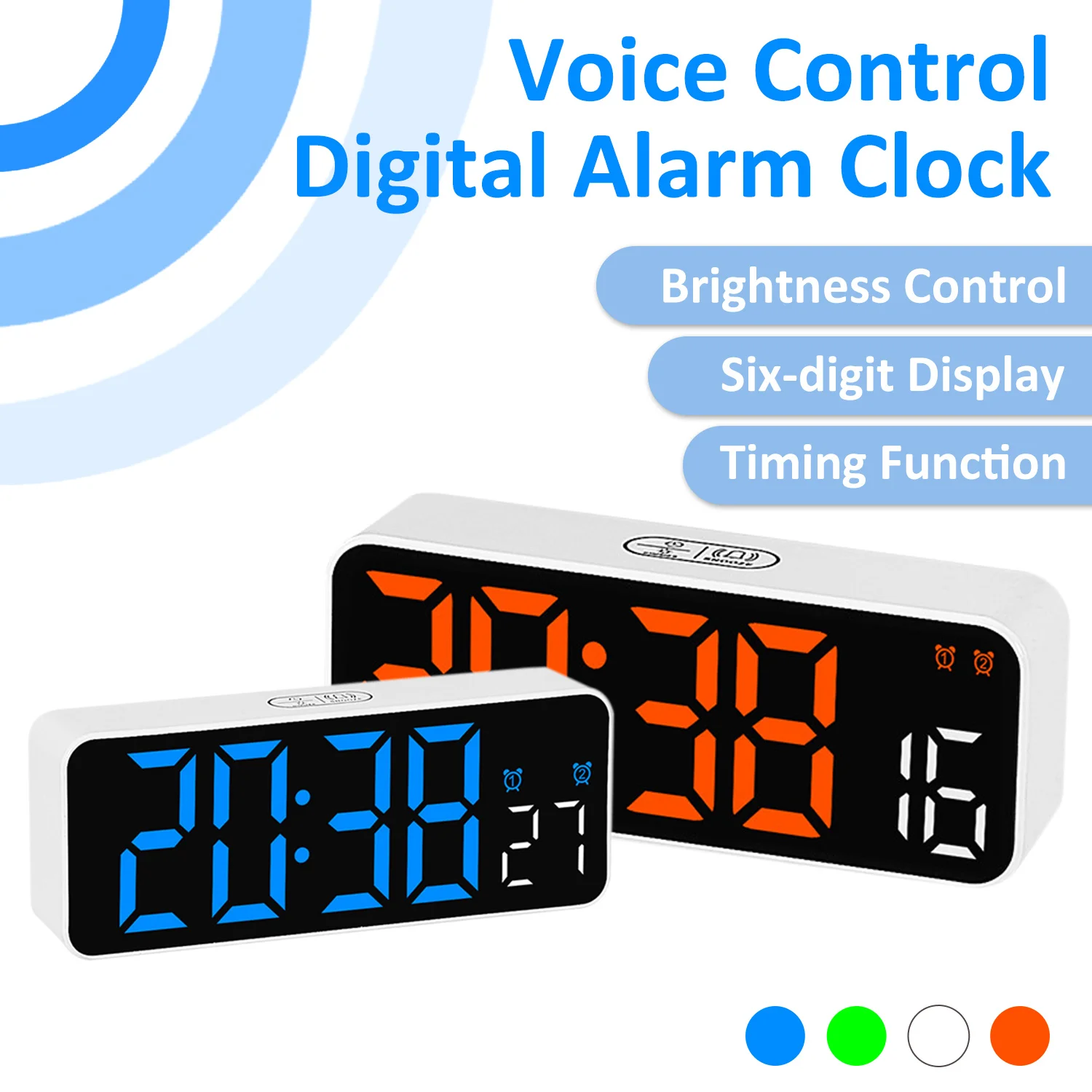 Voice Control Digital Alarm Clock Table Clock TEMP Date Week Brightness Adjustment Electronic Clock Timer 12/24H Home Decoration