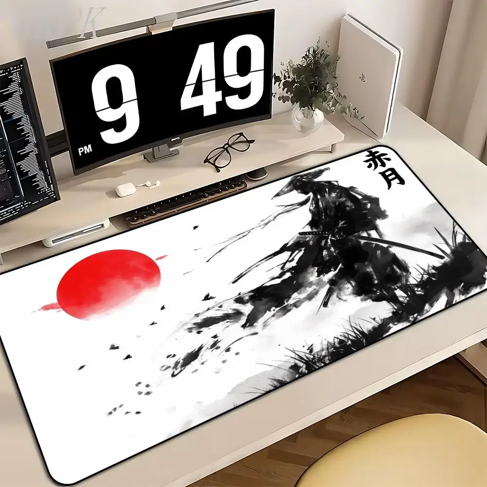 Cool Ink Wash Samurai Red Sun Mouse Pad Large Extended Gaming Desk Mat Non-slip Rubber Base Stitched Edges Big Mousepad Pad