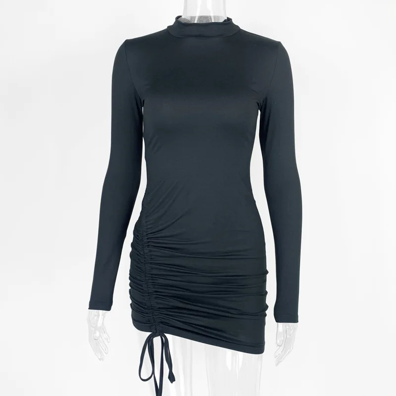 Women Black Bodycon Sexy Club Ruched Drawstring Mini Dresses Female Long Sleeve Slim Fit Party Short Vestidos 2024