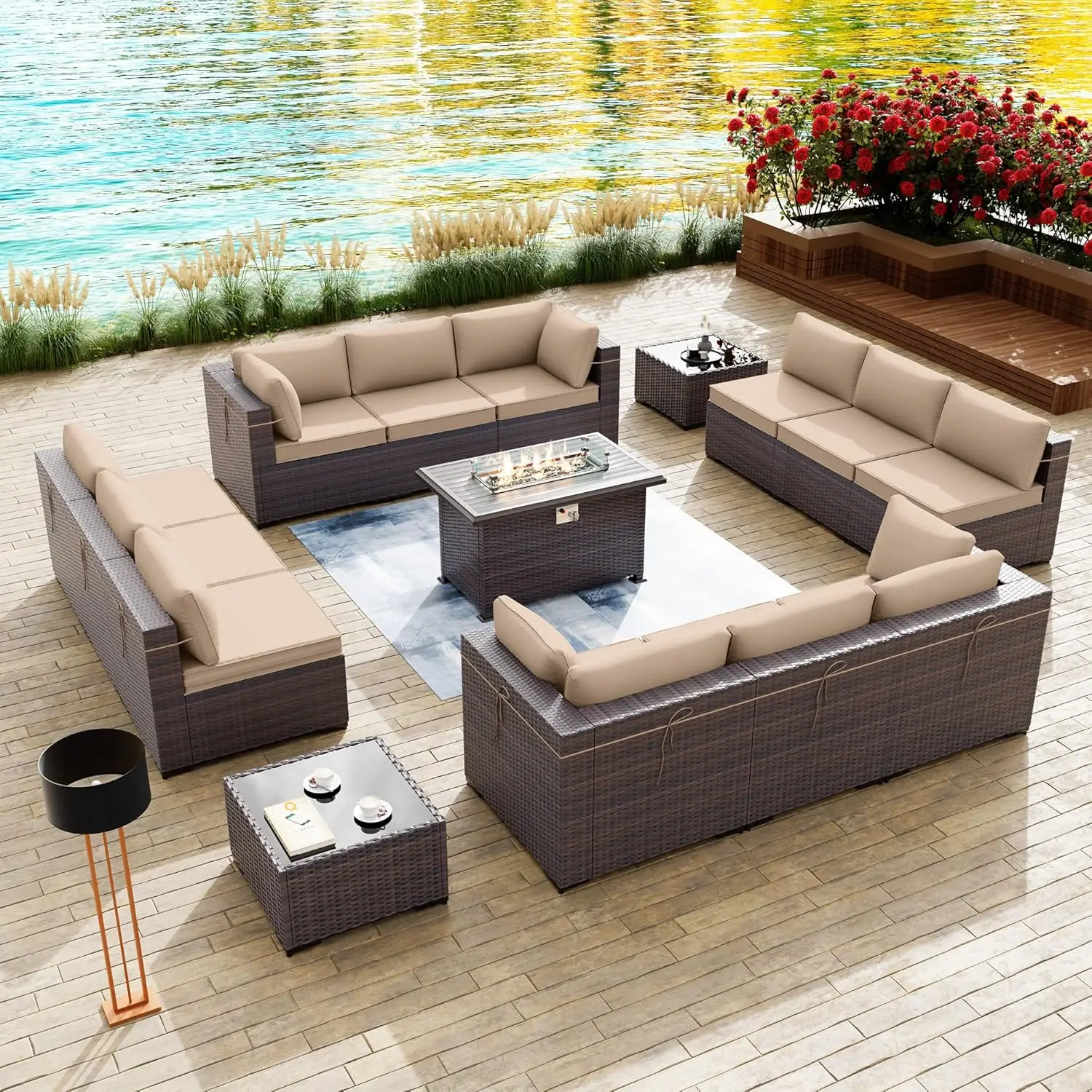 

15 Pieces Outdoor Patio Furniture Set With 43" Gas Propane Fire Pit Table PE Wicker Rattan Sectional Sofa, Customized