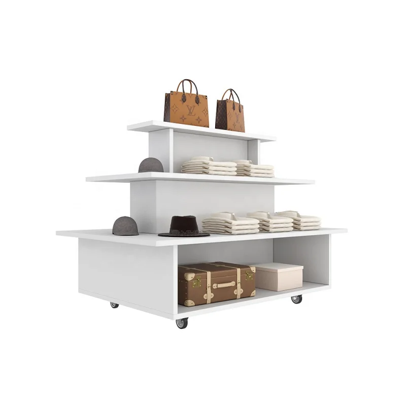 

custom.store fixtures factory premium white wood 3 tier top stand clothes display table retail with wheels