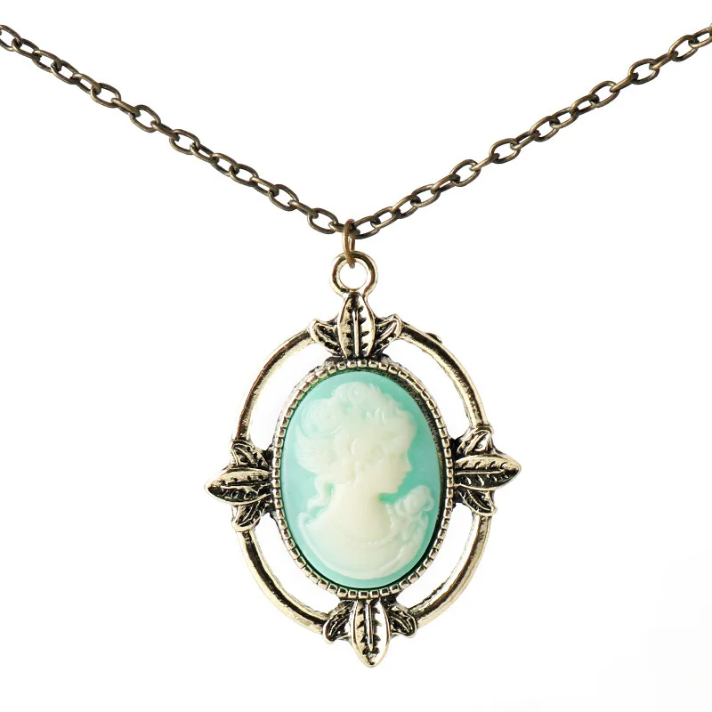 New Vintage Style Bronze Light Blue Cameo Necklace The Vampire Diaries Katherine Beauty Head Pendant Necklace for Women