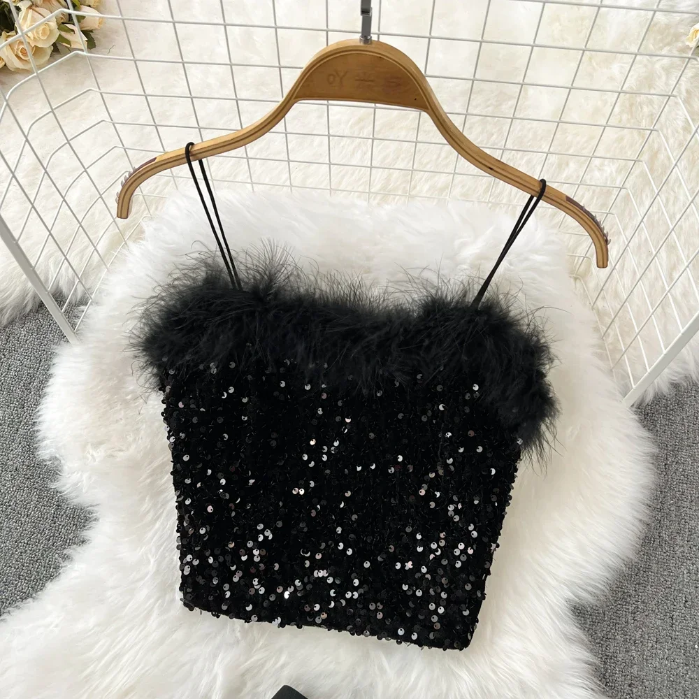 冬のスパンコールセクシーなツーピースセット女性背中の開いたノースリーブグリッタータンクトップとミディスカートスーツ女性のファッション衣装