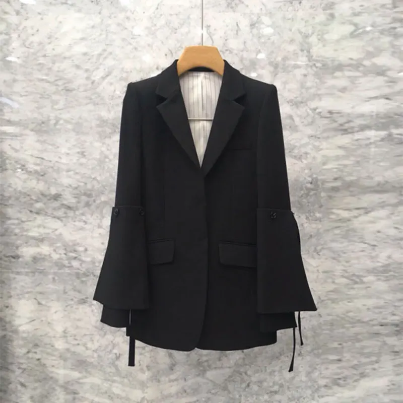 Tannt Women Blazer Flared Sleeves Bandages Black Chic And Elegant Woman Jacket Vintage Fashion Long Blazer Woman 2023 New