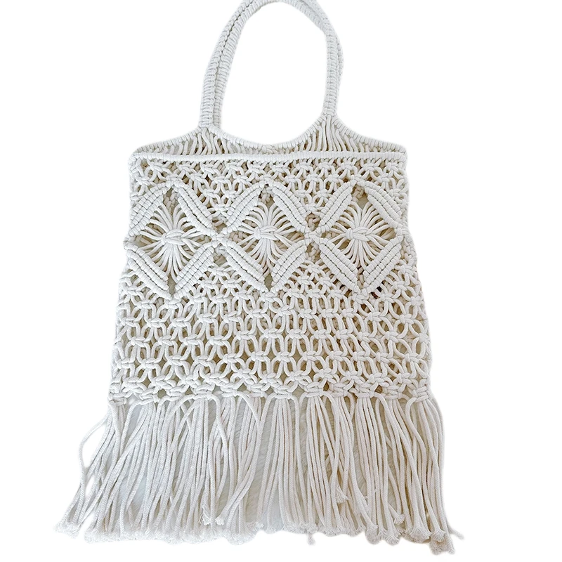 2024Handmade Tassel Cotton Thread Crochet Women's Shoulder Bag Bohe Bolsos Feminine Mesh Rope Weaving Tote Bag Summer Beach Bag