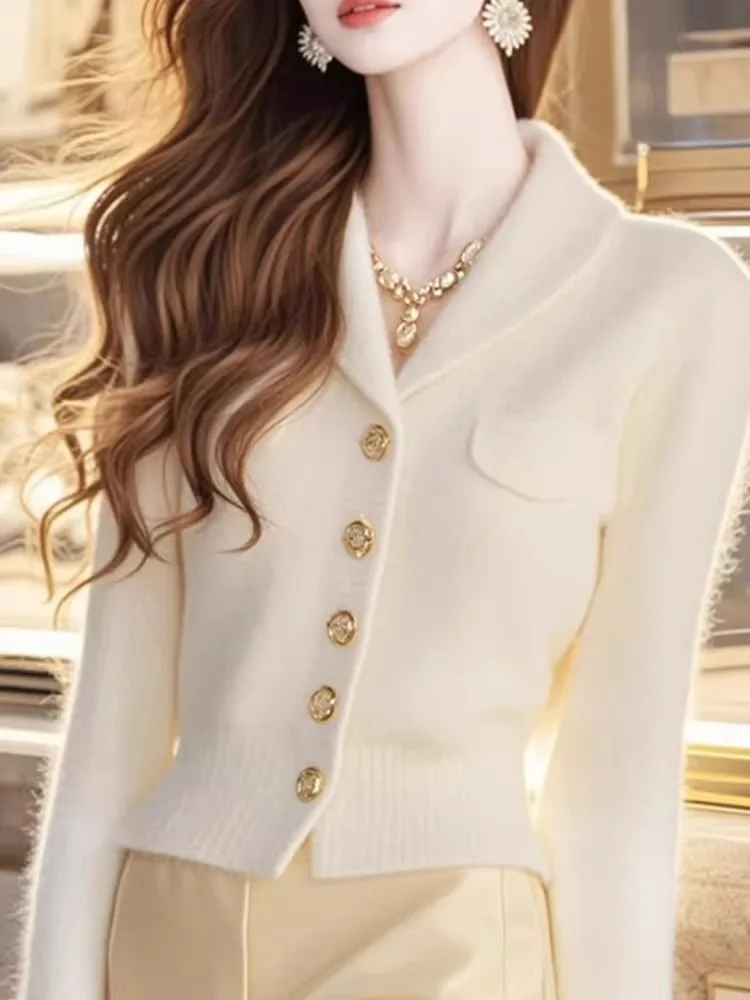 Fashionable Knitted Long Sleeve Sweater Jacket Pure Color Design Sense Outerwear V-Neck Regular Fit Elegant Good Looking Wome...