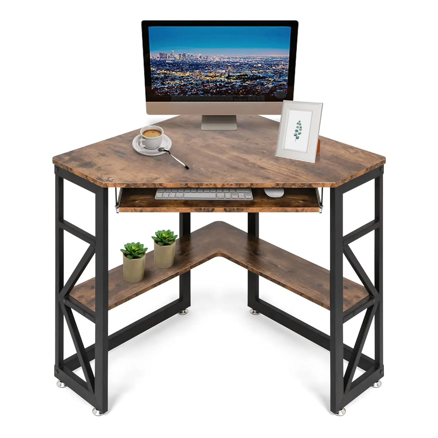 

Corner Triangle Computer Desk Keyboard Tray Storage Shelves Steel Frame Small Office Rustic Brown, Customized