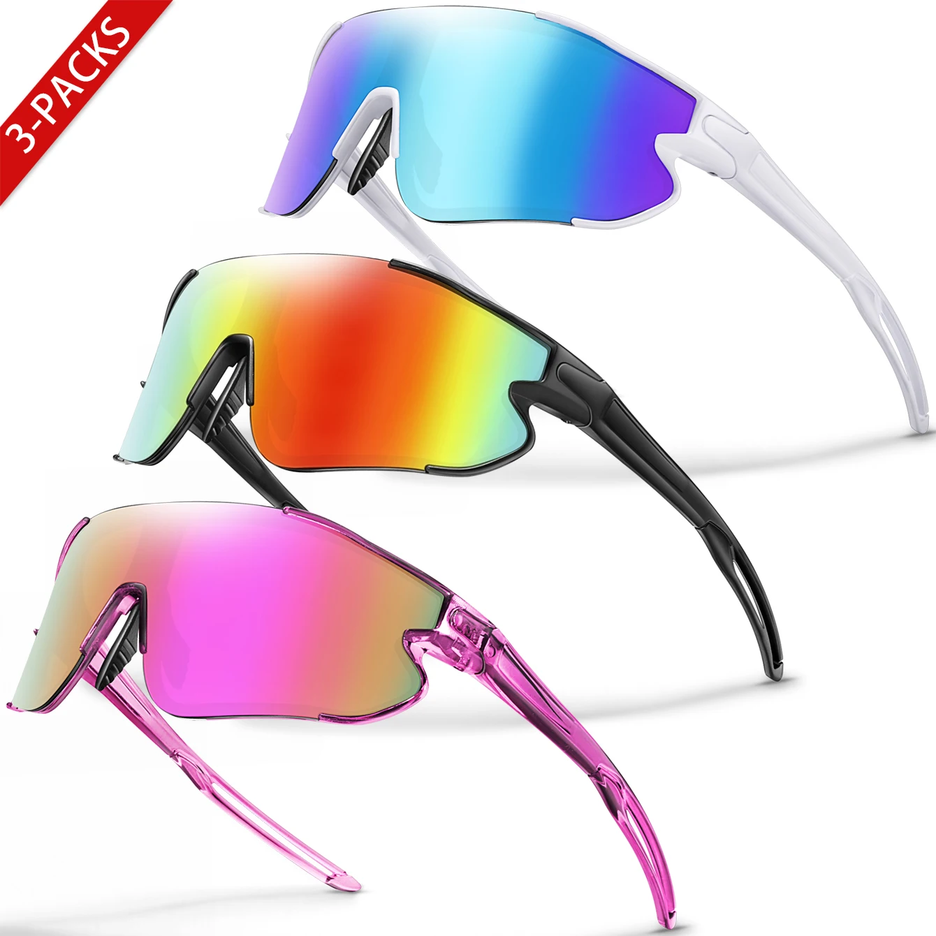 3 Paar Sonnenbrillen für Herren und Damen, Outdoor-Sport, MTB, Fahrrad, Radfahren, Laufen, Motorrad, Brillen, große Linse, winddichte Farbtöne