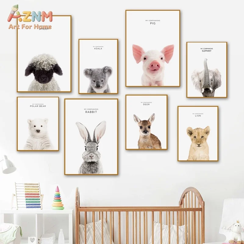 AZNM Minimal Cute Baby Animal Canvas Wall Art Sheep Koala Pig Elephant Lion Deer Portrait Neutral Nursery Kids Room Unframed Can