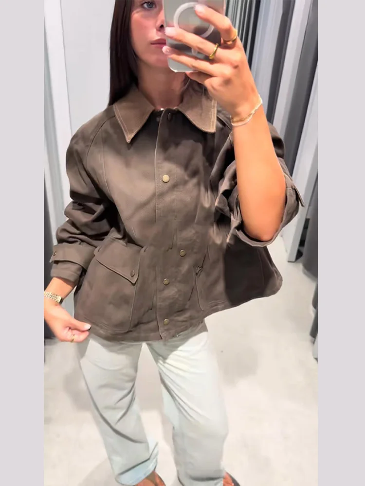 

Lapel Patchwork Single Breasted Bomber Jacket For Women Long Sleeve Zipper Pocket Coat New Designer High Street Ladies Outerwear