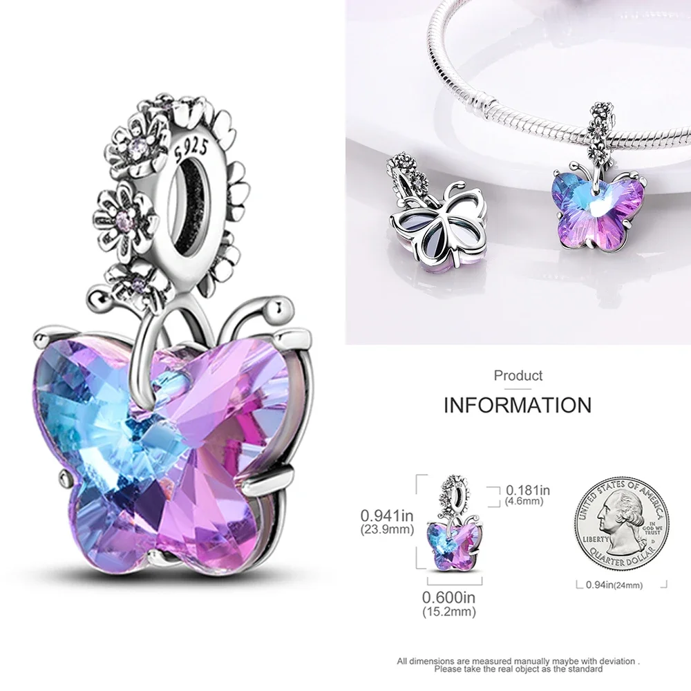 Breloques pendantes en argent regardé 925 pour femme, perle de Murano violette, fleur de pensée, perles pour bracelet Pandora bricolage, cadeau de bijoux, original