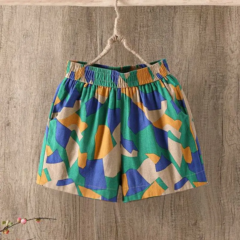 Casual Cotton Linen Women's Shorts Summer 2026 New plus Size Elastic Waist Wide Leg Half Skirt Printed Loose Fit Daily Wear