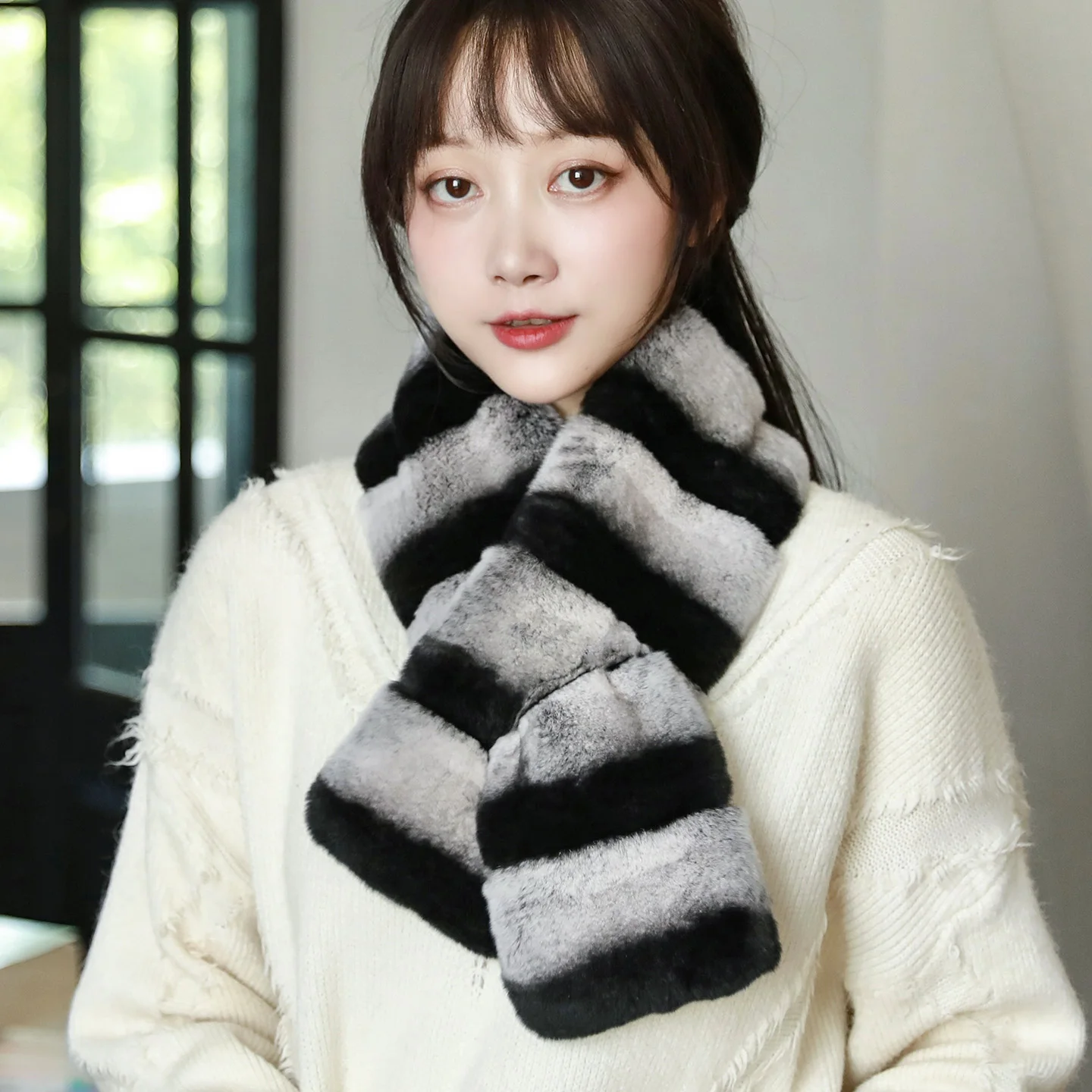 

Besfilin New Thick Double-Sided Real Rex Rabbit Fur Scarf Unisex Neck Warmer Grey Cat Colors Autumn Winter Fashion Accessory