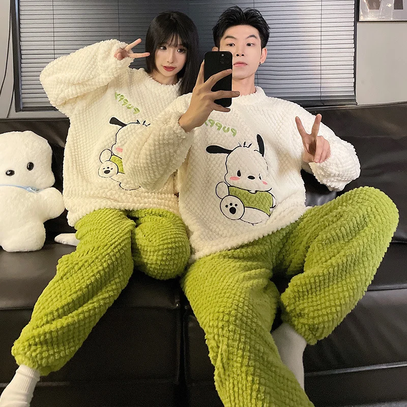 Sanrio Pacha Dog Winter New Couple Pajamas Women\'s Cartoon Warm Coral Fleece Cute Cartoon Men\'s Flannel Homewear Suit