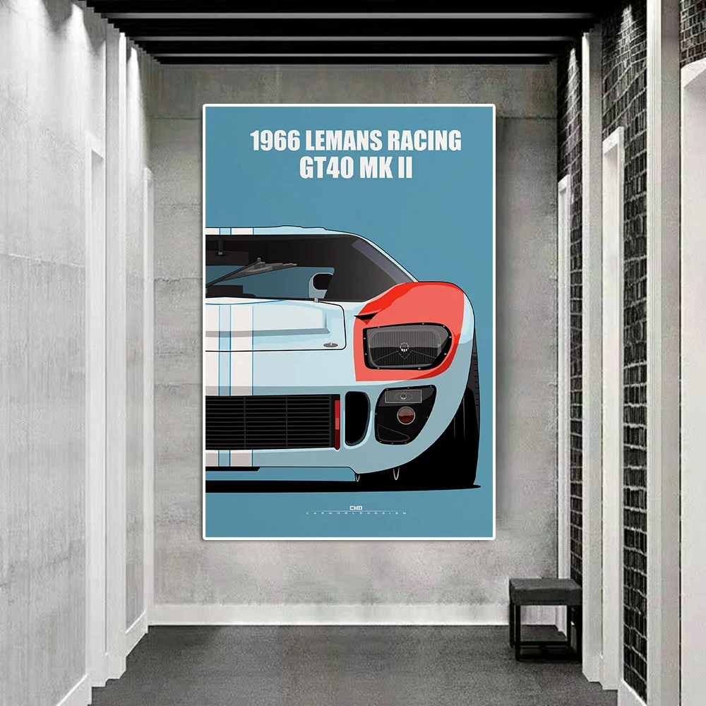 1966 Lemans Racing Ford GT40 MK2 Poster Print Retro Sports Car Canvas Painting Luxury Supercar Illustrations Wall Art Room Decor