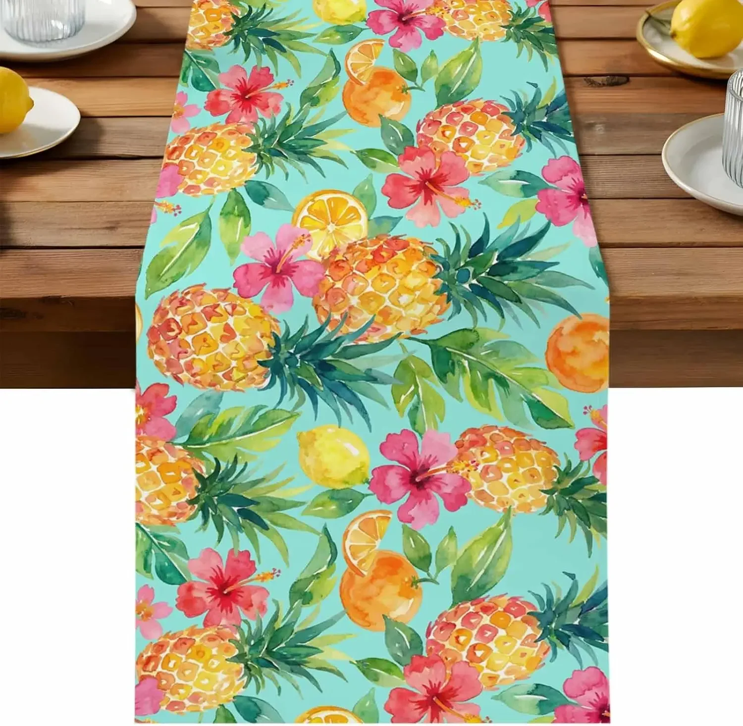 1Pc Tropical Pineapple Hibiscus Table Runner Turquoise Fruit Floral Print Table Cover For Dining Kitchen Party Decoration Tablet