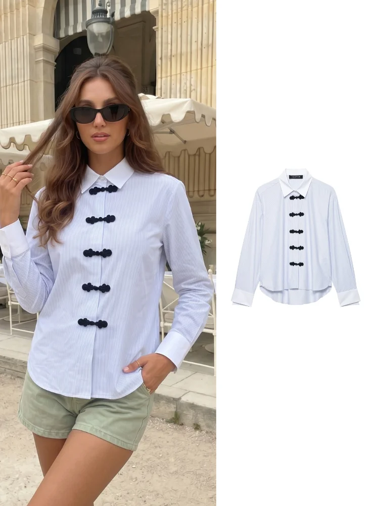 HH Minimalist Business Striped Button Down Shirt Oriental Lapel Collar Long Sleeve Loose Blouse Spring Office Work Casual Wear