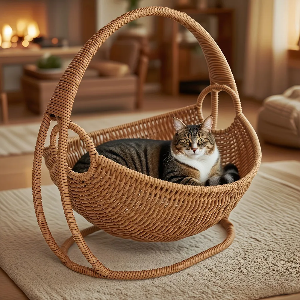猫用ハンモック、ブラケット付き、室内吊り下げ式ペットベッド、猫と小型ペット用、耐荷重661ポンド（3キログラム）、ラタンデザイン