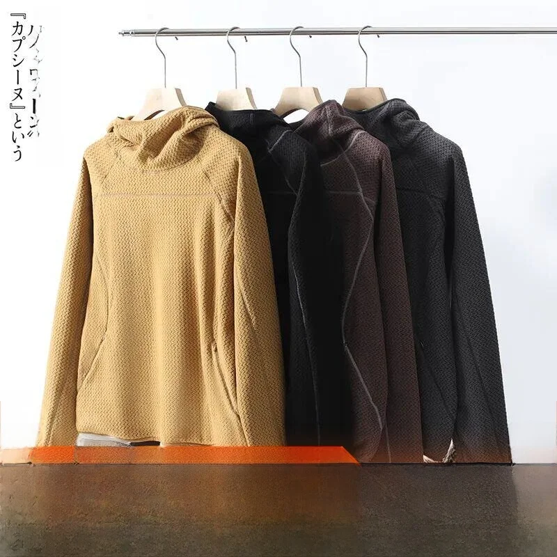 Outdoor Base Layer Hoodie Sweatshirt Loose Couples Matching Wave Pattern Fleece Lined Hasselblad Design High End Standard Fit