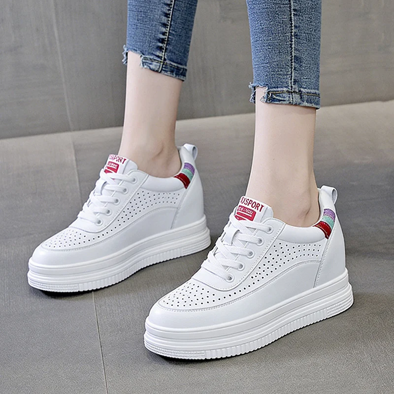 2026 Spring Summer Women's White Platform Sneakers Genuine Leather Wedge Hidden Heel 7cm Casual Walking Shoes Breathable D822