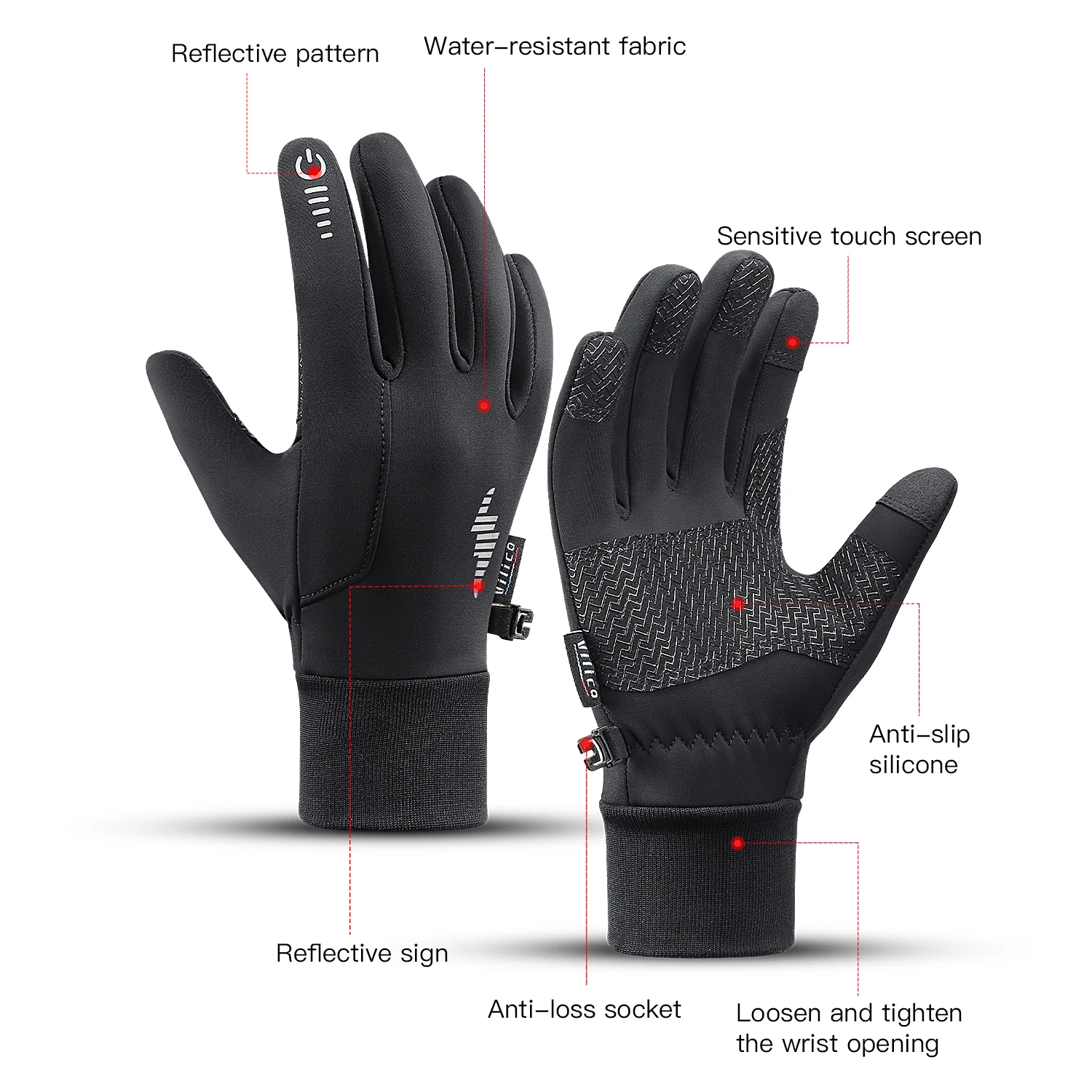 Touch Screen Gloves Windproof Warm Zipper Design Outdoor Cycling Running Driving Full‑finger Gloves For Cold Weather