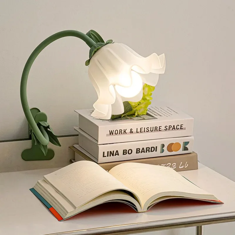 Versatile Clamp Table Light, Green Floral Decor with Dimmable LED for Bookshelf & Bedside, Aesthetic Cottagecore Night Light