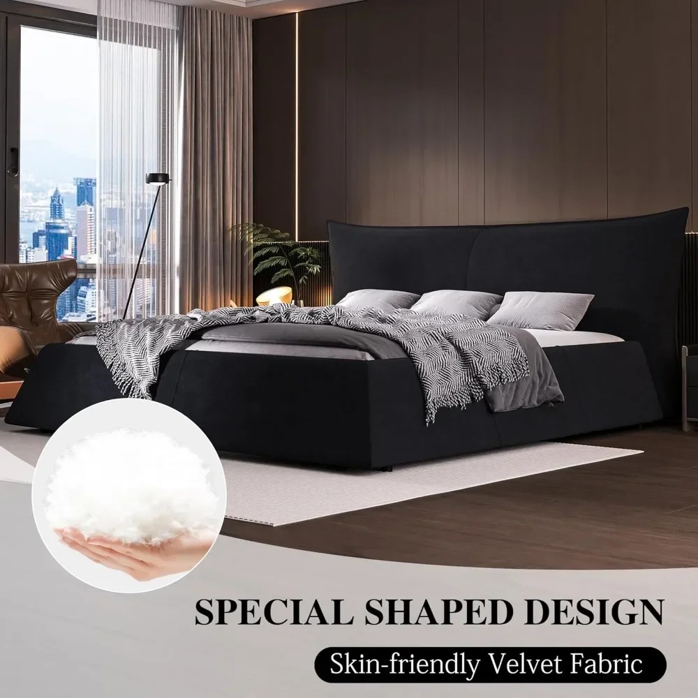 Soft Padded Platform Bed, Soft Velvet Thick Headboard, Modern Luxury King Size Platform Cloud Bed Frame, Elegant Design Soft