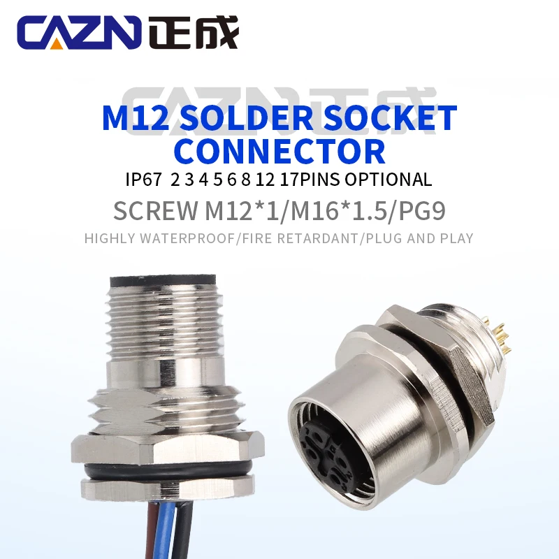 Factory M12 solder Type Panel Mount Socket Male Female 2 3 4 5 6 8 12 17Pins A B D Code Waterproof IP67 Female Male Socket