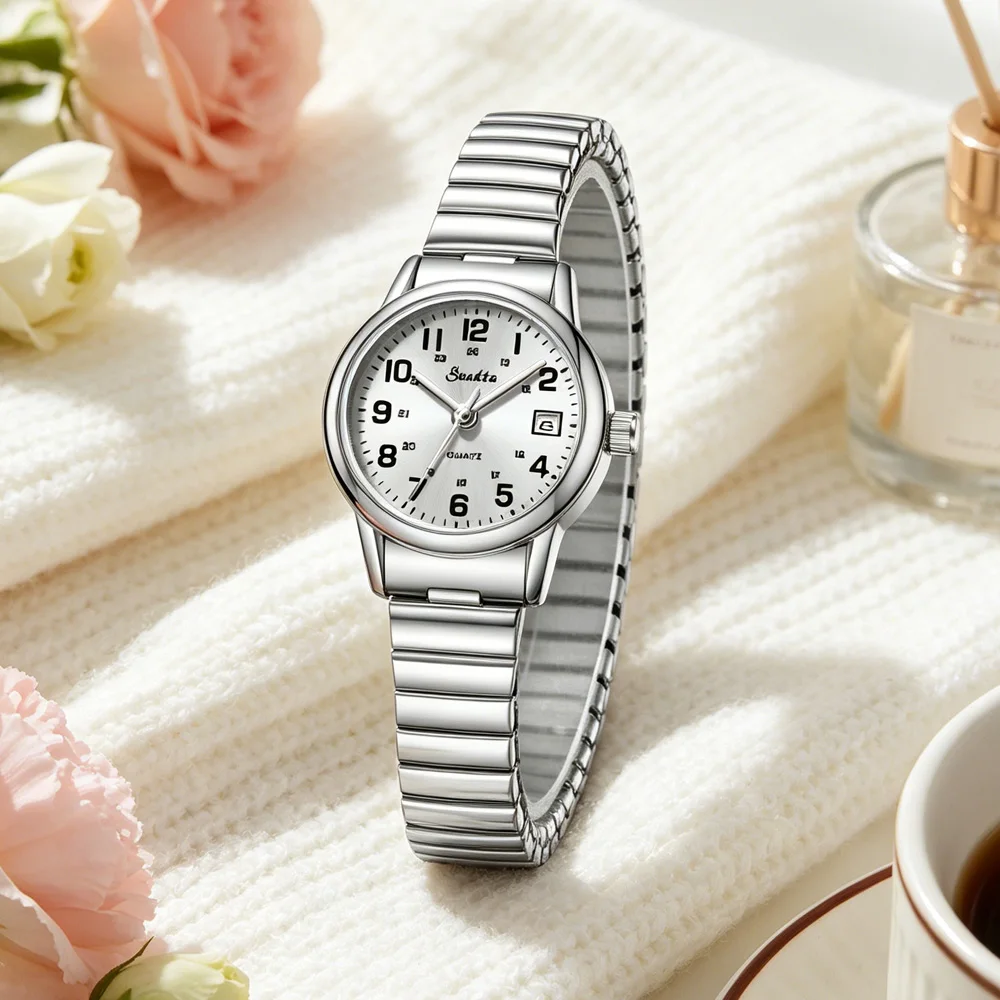SUNKTA Women Couples Watches Flexible Elastic Strap Fashion Simple Large Digital Stainless Steel Electronic Wristwatches+Box