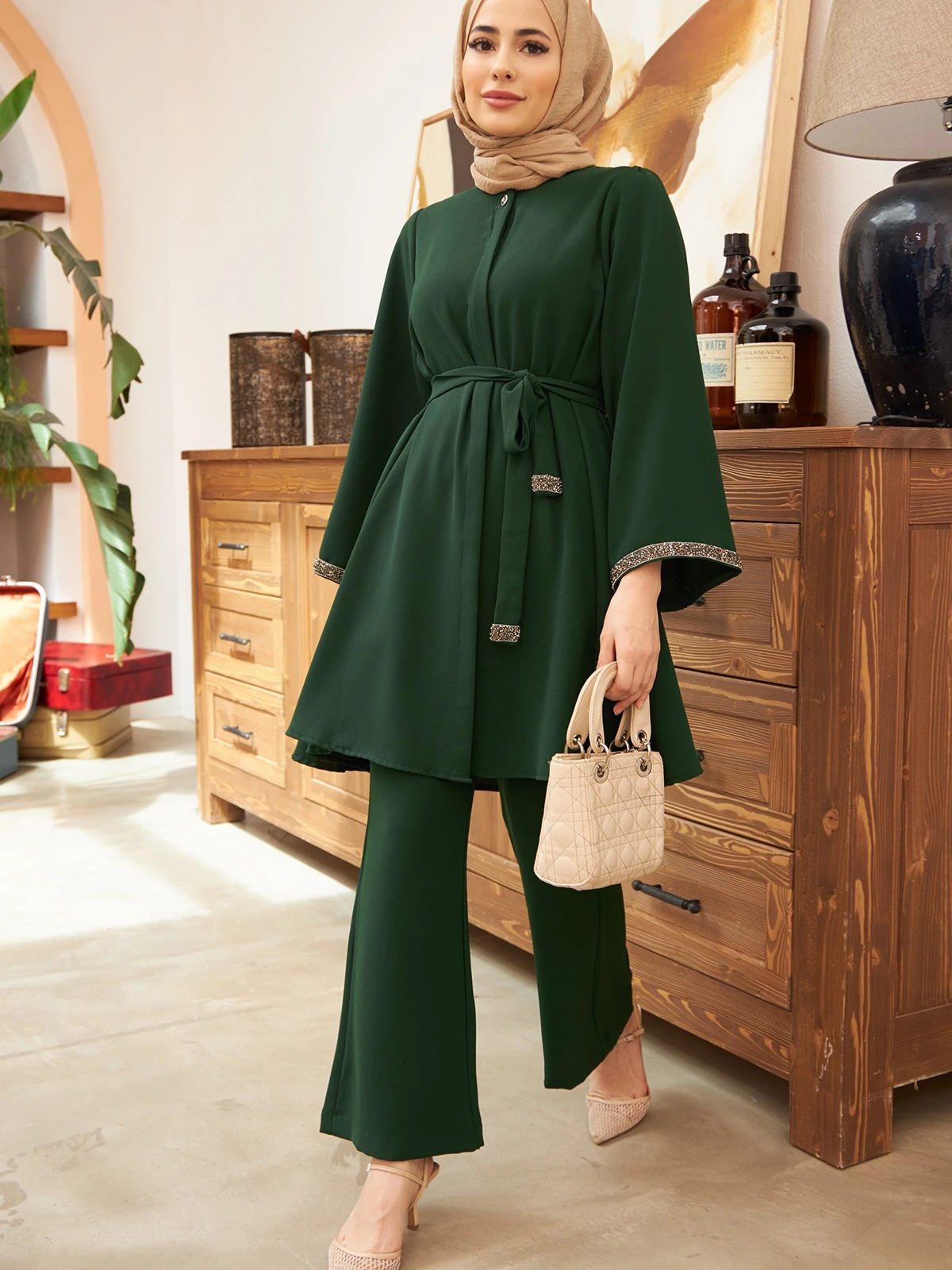 

Eid Muslim Set Women Top Shirt 2 Piece Set Lace-up Blouse Long Sleeve Shirts Pant Suits Arabic Dubai Musulman Ensembles 2025