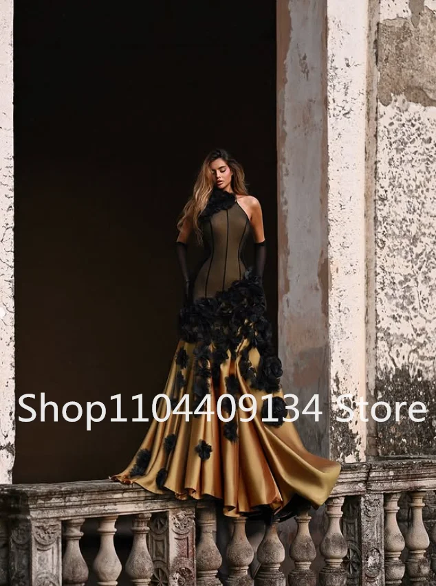 Vestidos largos de sirena para ocasiones de graduación, color negro y dorado, cuello alto, Floral 3D, vestido de fiesta de noche moderno para mujer, Jersey a medida personalizado