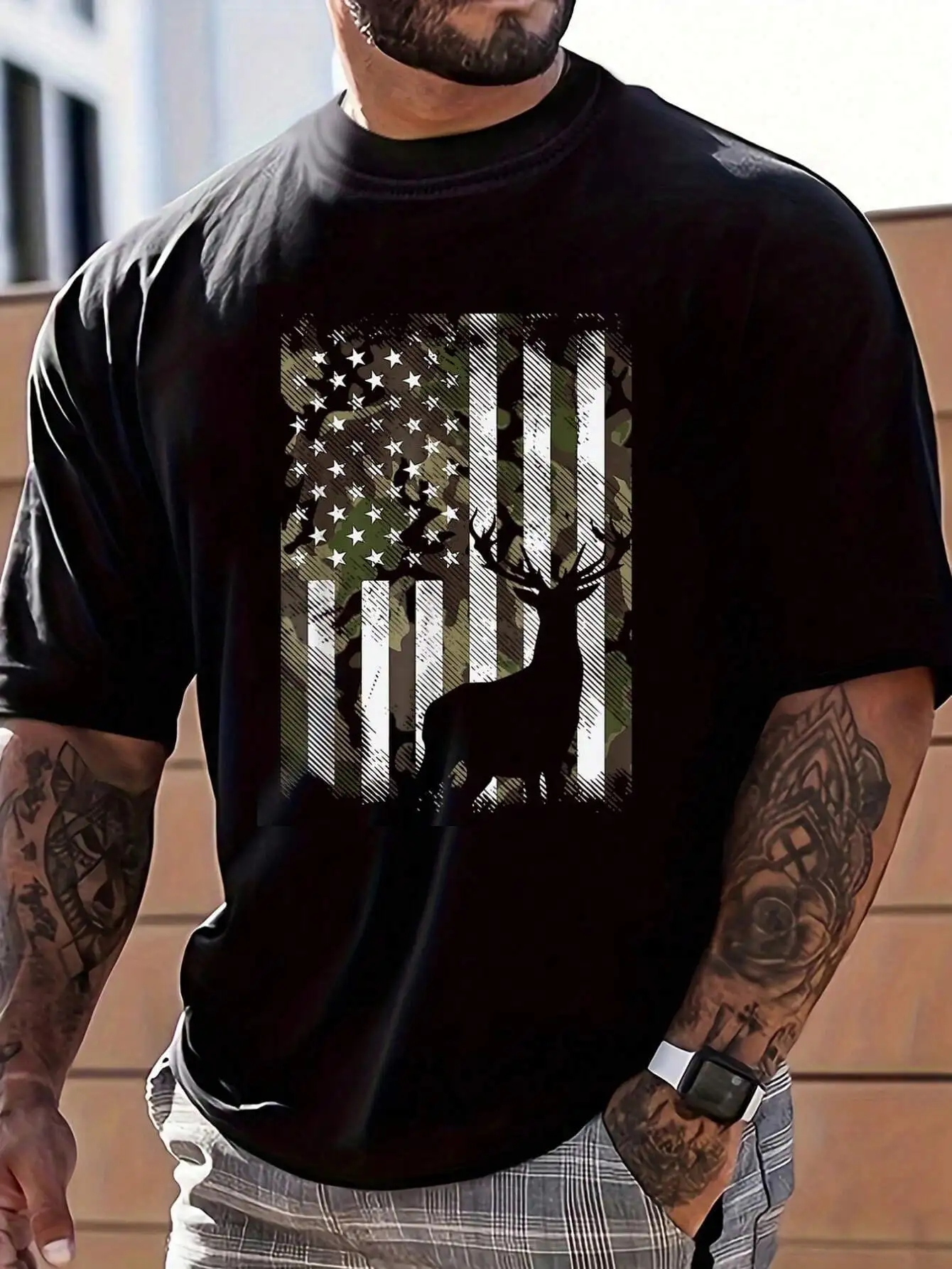 

Men's Black Short Sleeve Tee with Camo Flag & Deer Silhouette Print